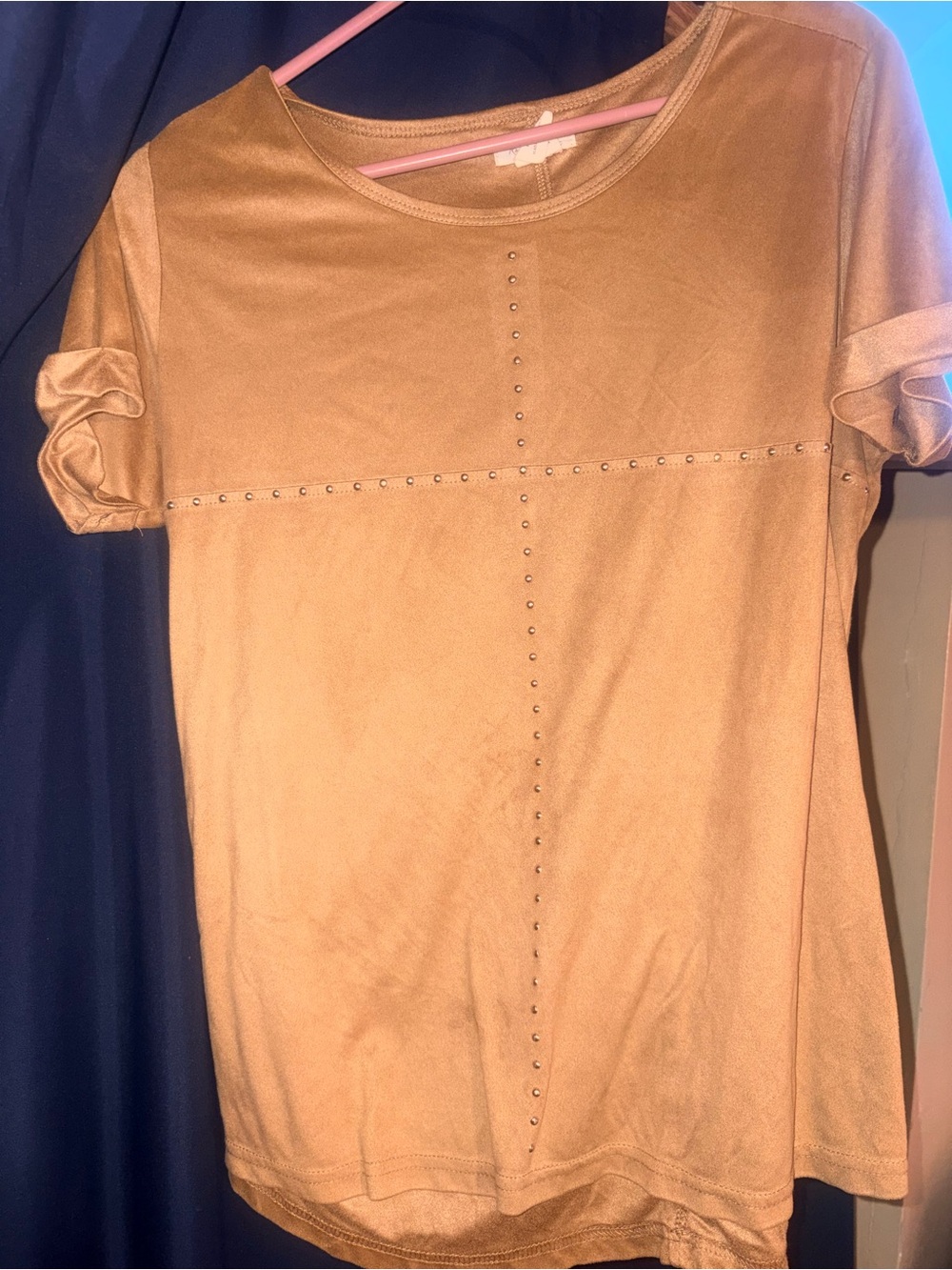 Studded Faux-Suede Short Sleeve Top - Camel